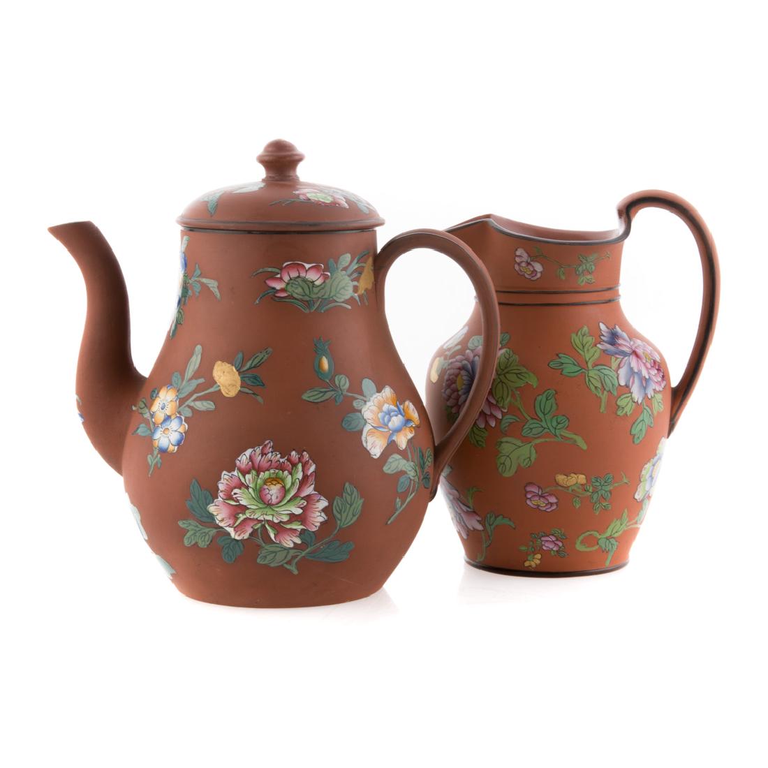 Wedgwood redware enameled teapot and jug (1 of 6)