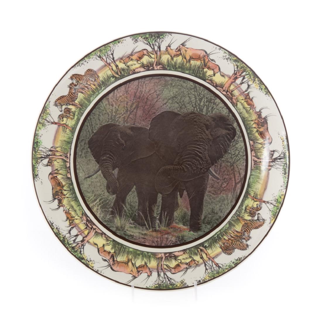 Royal Doulton china African Series charger: transfer decoration of elephants and border with zebra and antelope, "African Elephants African Game Reserve D6365", 13 1/2 in. Diam.