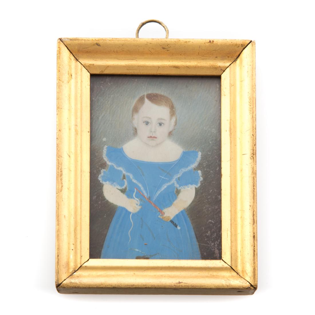 Mrs. Moses B. Russell. Portrait miniature: (American, 1809-1854). Portrait miniature of a young boy with whip, watercolor on ivory, 3 1/2 x 2 1/2 in. sight size, period giltwood frame