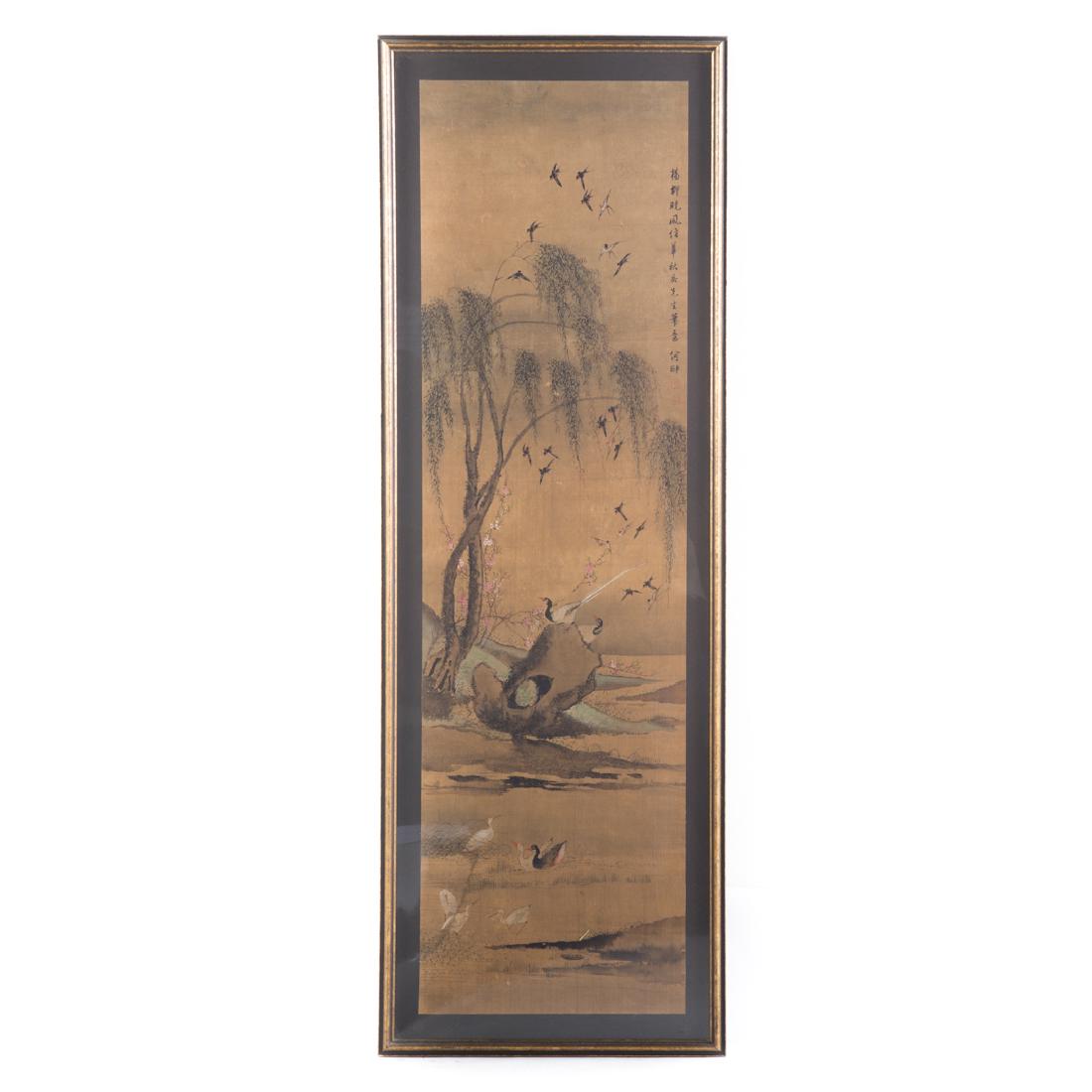 Chinese School gouache: birds in willow tree, ink and pigment on silk with character mark, framed, frame-53 in. H., 18 in. W.