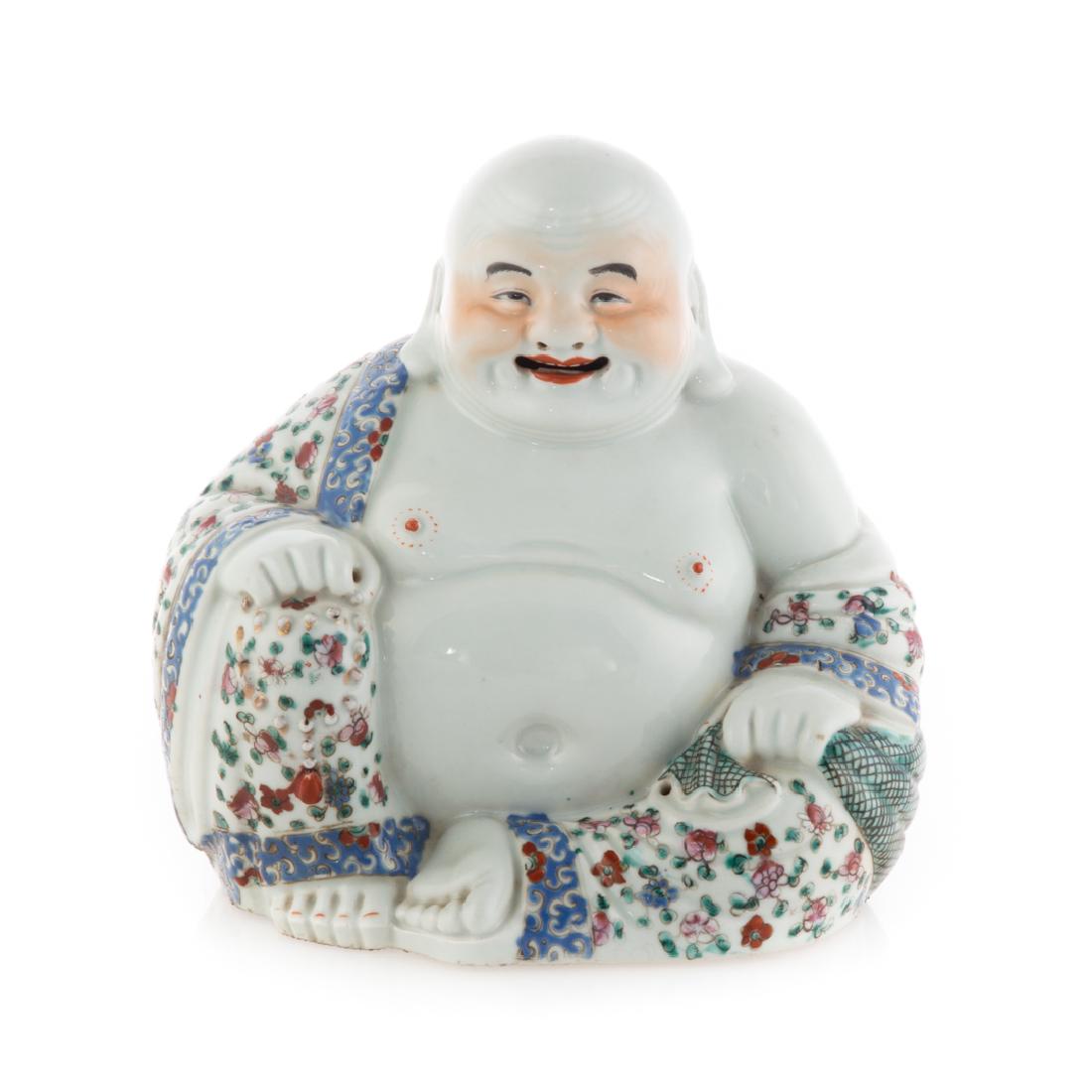 Chinese Export celadon Famille Rose Buddha: circa 1880; seated Happy Buddha with floral decoration and impressed character mark, 10 in. H.