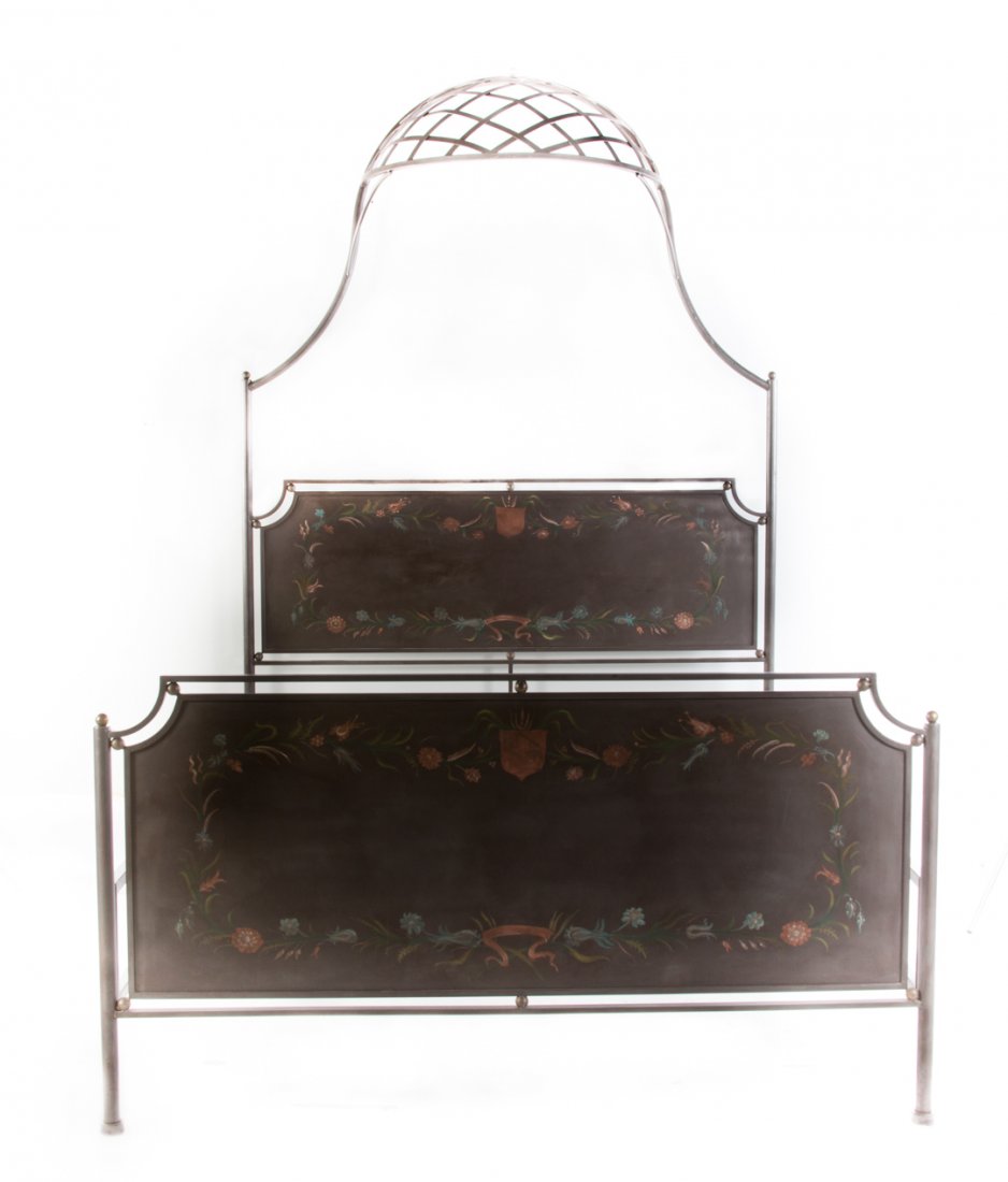 McLain Wiesand wrought iron bedstead: 20th century; arched lattice work corona, over floral painted headboard and footboard, 96 in. H., 64 in. W.
