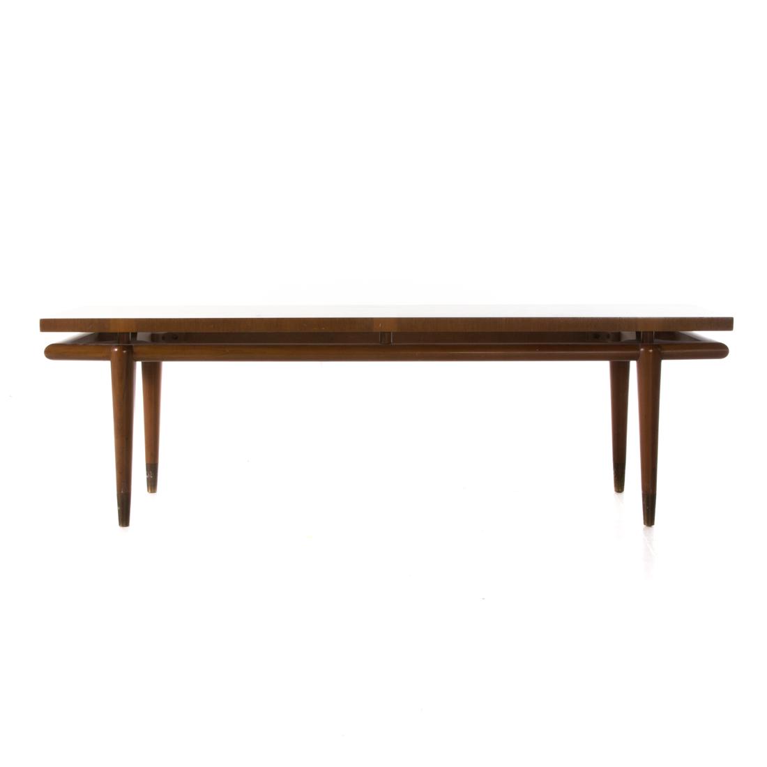 Mid-century modern teakwood bench: John Widdicomb, Grand Rapids, Michigan, 20th century; rectangular top with inlaid bands, four round tapered legs, 16 in. H., 52 1/2 in. D., 16 1/2 in. D.
