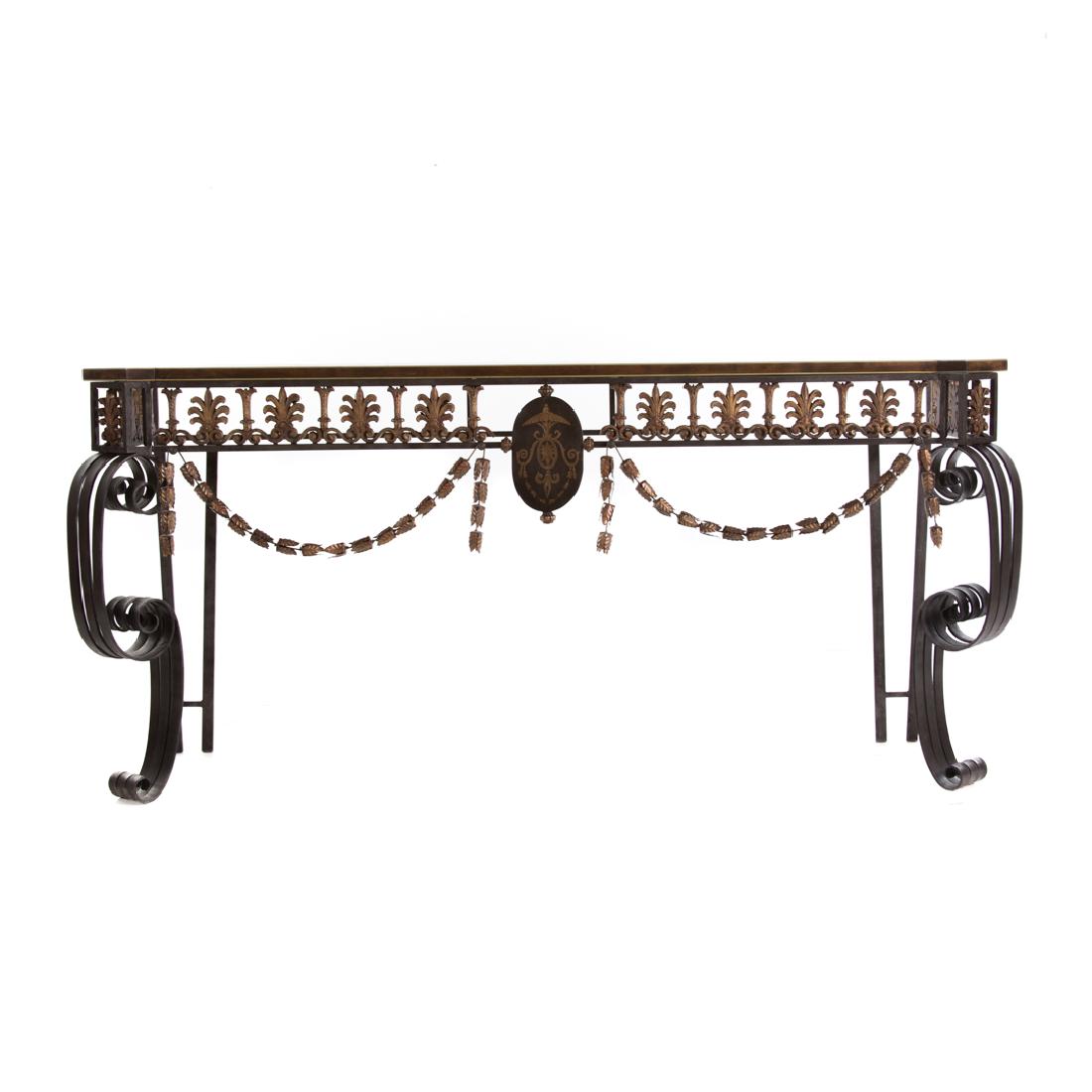 McLean-Wiesand Neoclassical style iron console: Baltimore, MD, 20th century; flat top with gilded stripes and squared projecting ears, oval painted medallion in cast anthemion apron with garland swags, triple scrolled legs, 72 in. W., 23 in. D.