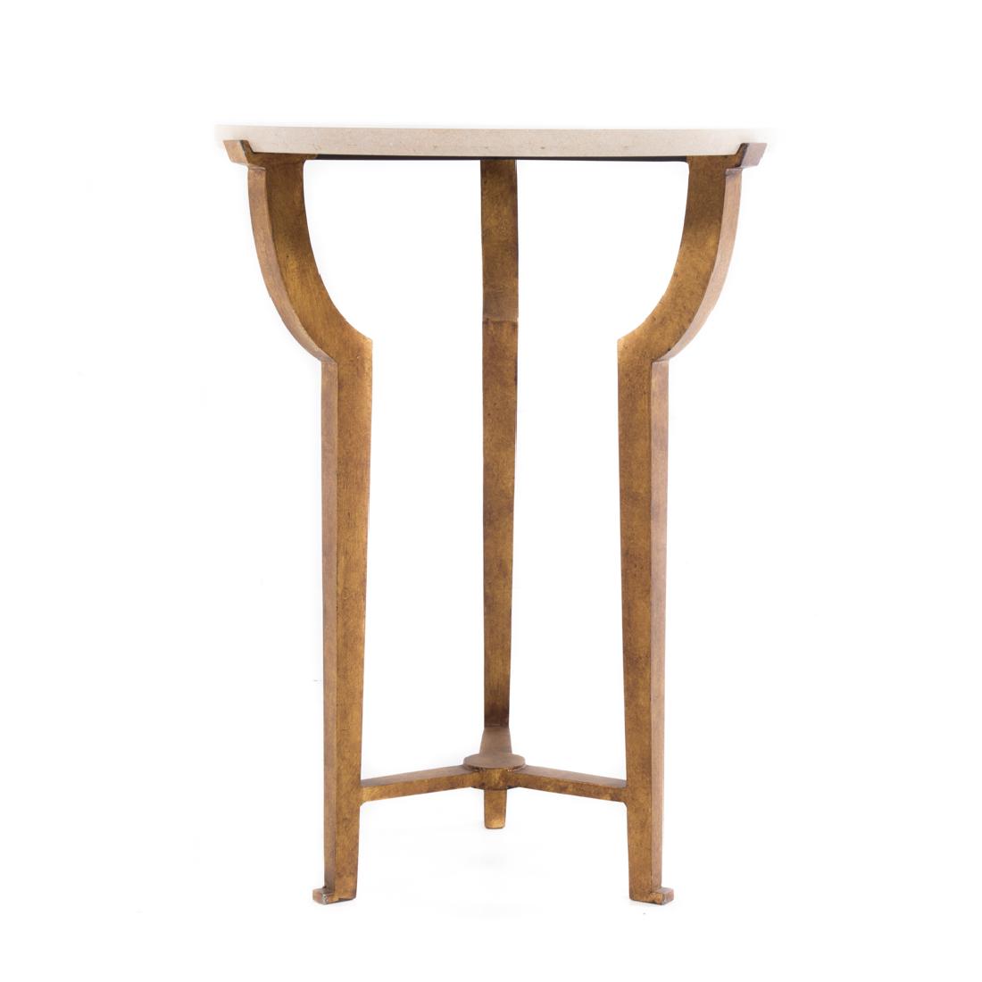 Contemporary Art Deco style side table: 20th century; shaped gilt iron three legged frame with round travertine top, 24 in. H., 17 3/4 in. Diam.