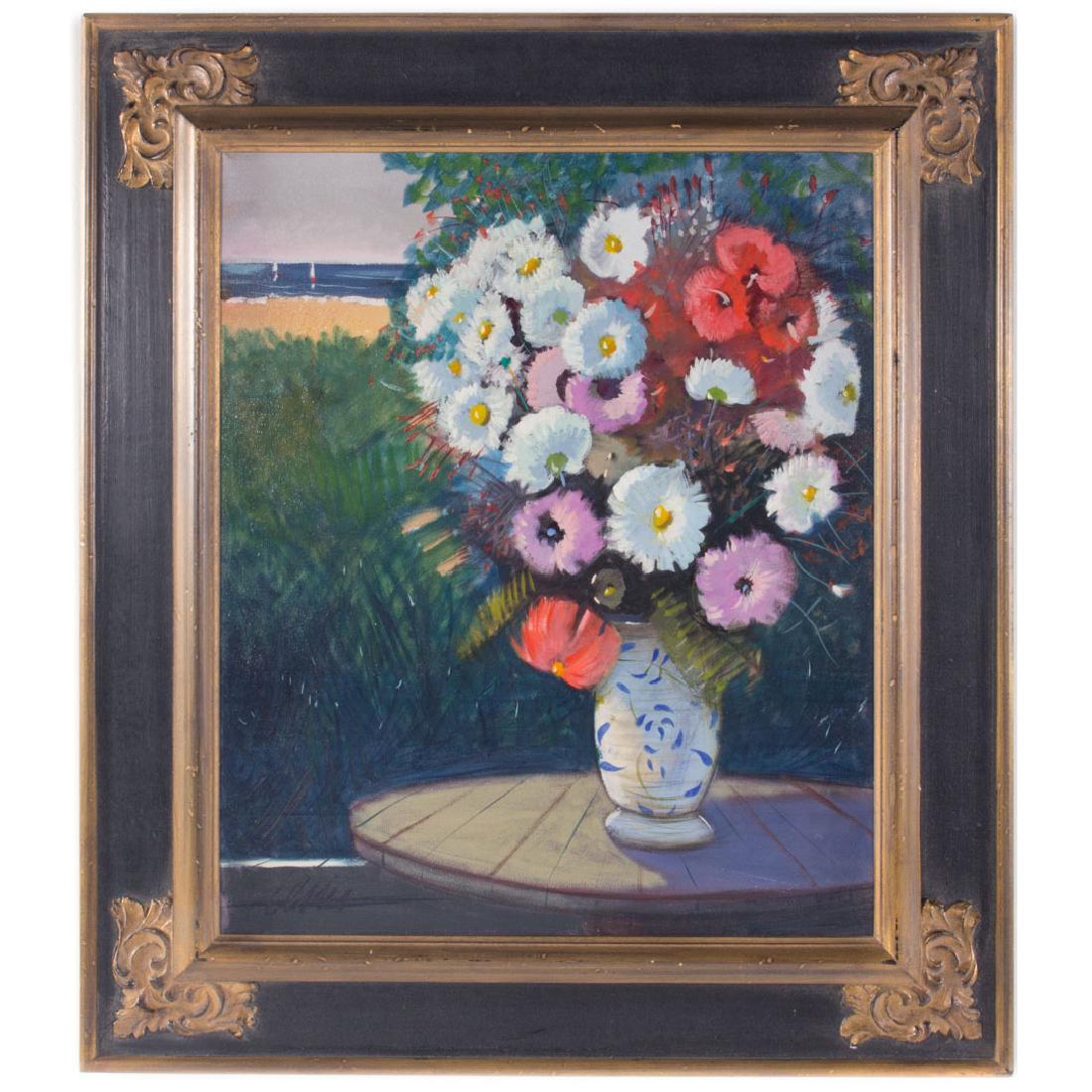 Charles Levier. Fleurs sur la Plage, oil: (French, 1920-2003). Oil on canvas, signed and titled on verso, signed "Levier" ll, 24 x 20 in., framed