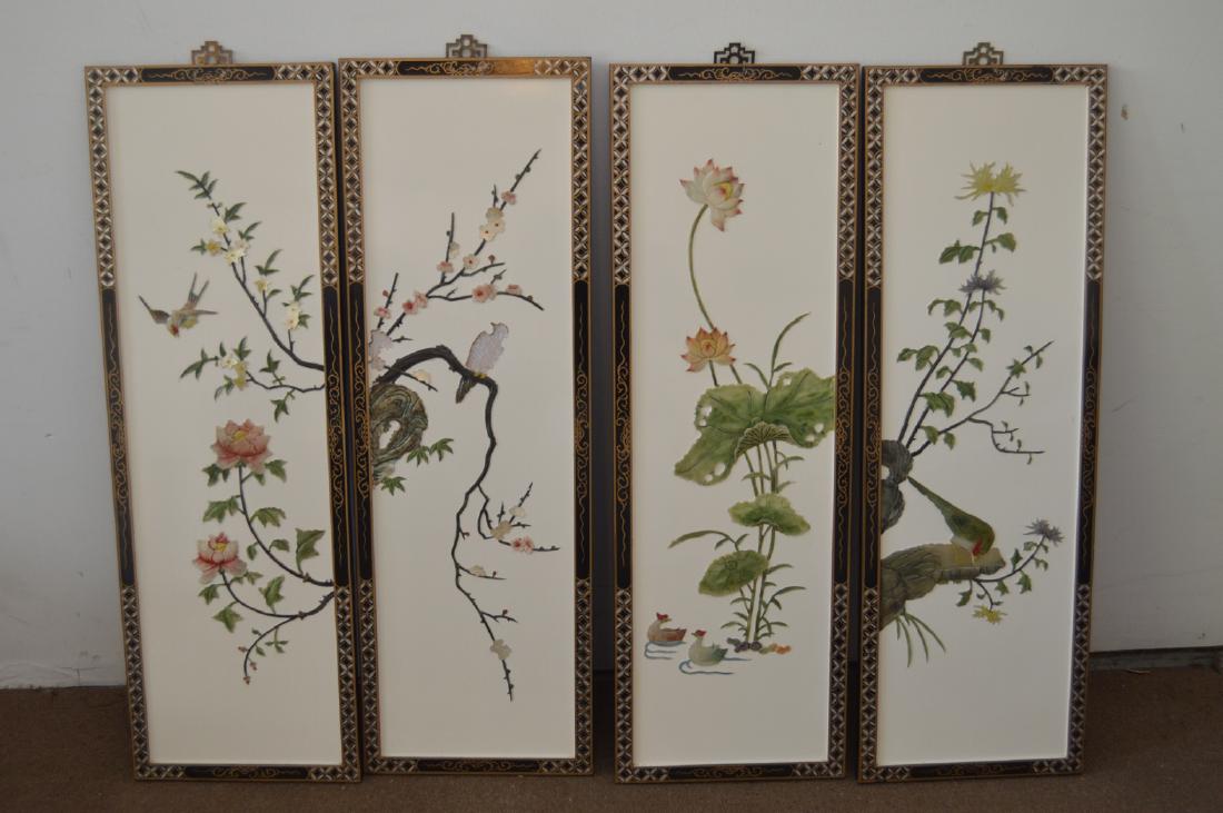 4 Panel Chinese Wall Hanging Screen Stone Jade Inlay: Vintage 4 panels White Background Asian 3D Stone inlay with Ivory and/or Bone Nature Wall Screen Art. All 4 Boards are 36" X 12". On one of the boards there is a bird that fell off and will be include