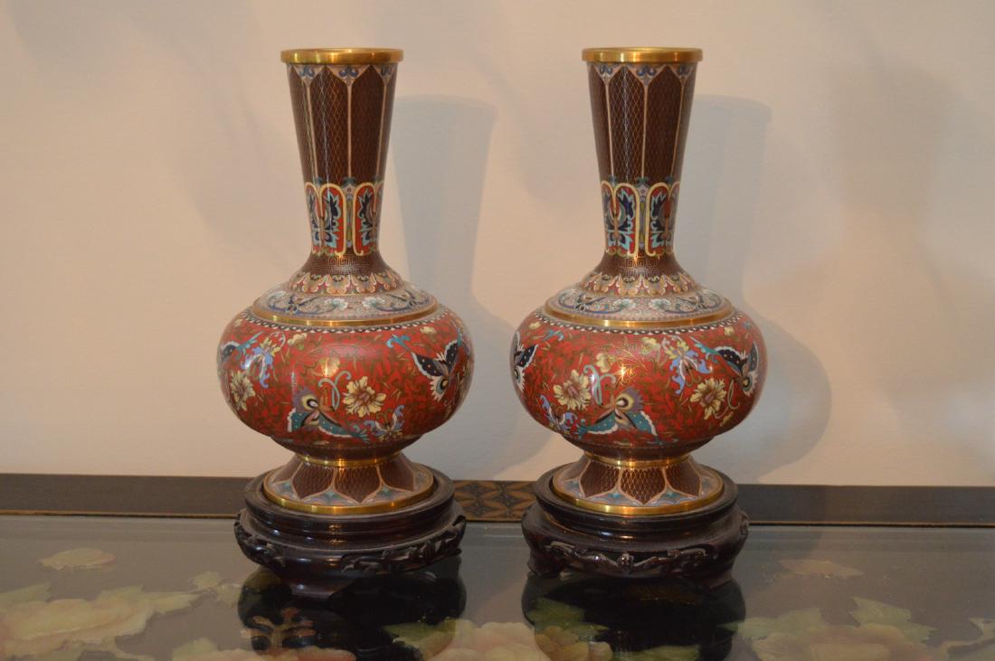 Pair of CloisonnÃ© Vase on Rosewood Pedestal (1 of 6)