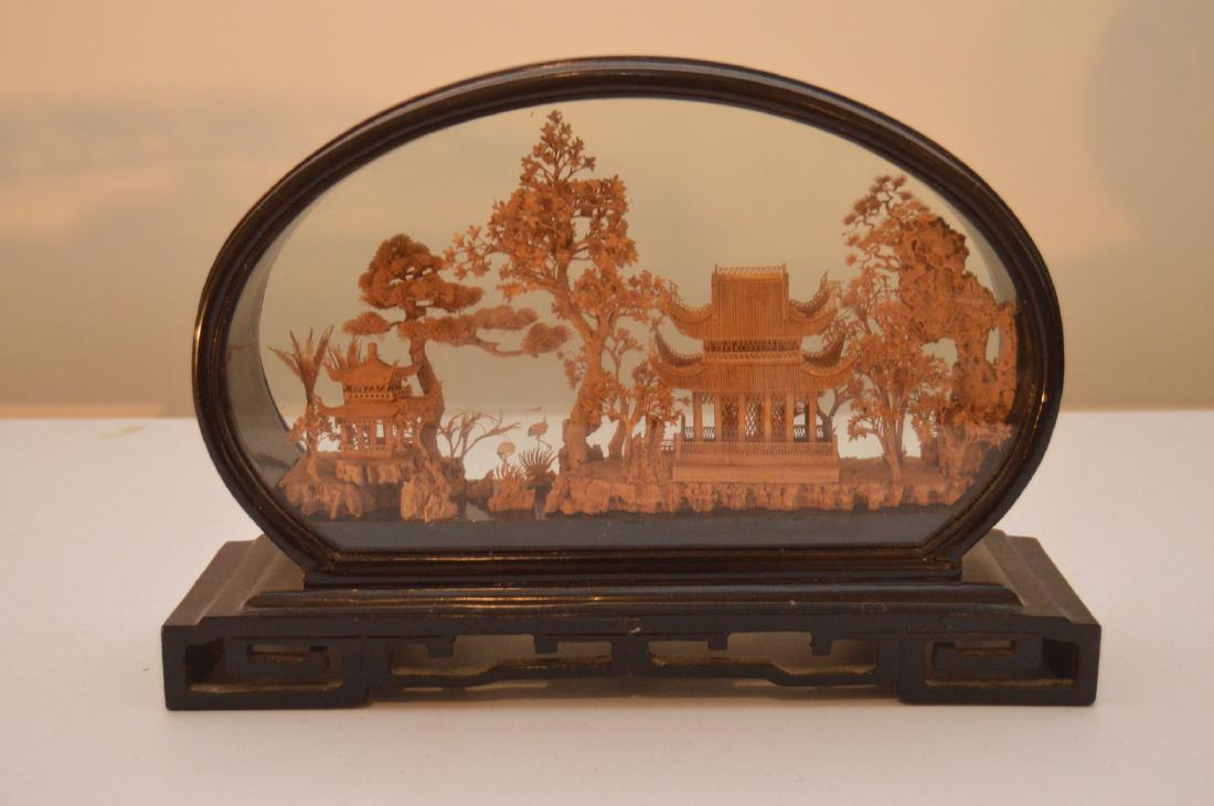 Chinese Vintage hand Carved Cork Scene in Glass Display: Chinese Vintage hand Carved Cork Scene in Glass Display 9" Tall 13" Wide, 3.5" Deep. On wood display base.