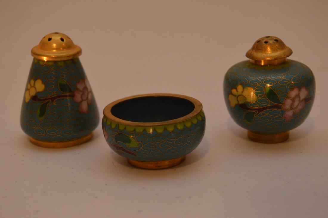 Set of Antique Cloisonne Salt/Pepper Shakers + Bowl: Set of Cloisonne Salt/Pepper Shakers + small Sugar Bowl. Beautifully made on copper . Appraised in 1982 at $150/set. Shakers: 2" Tall x 1.5" Diameter. Bowl: 1" Tall x 1.5" Diameter