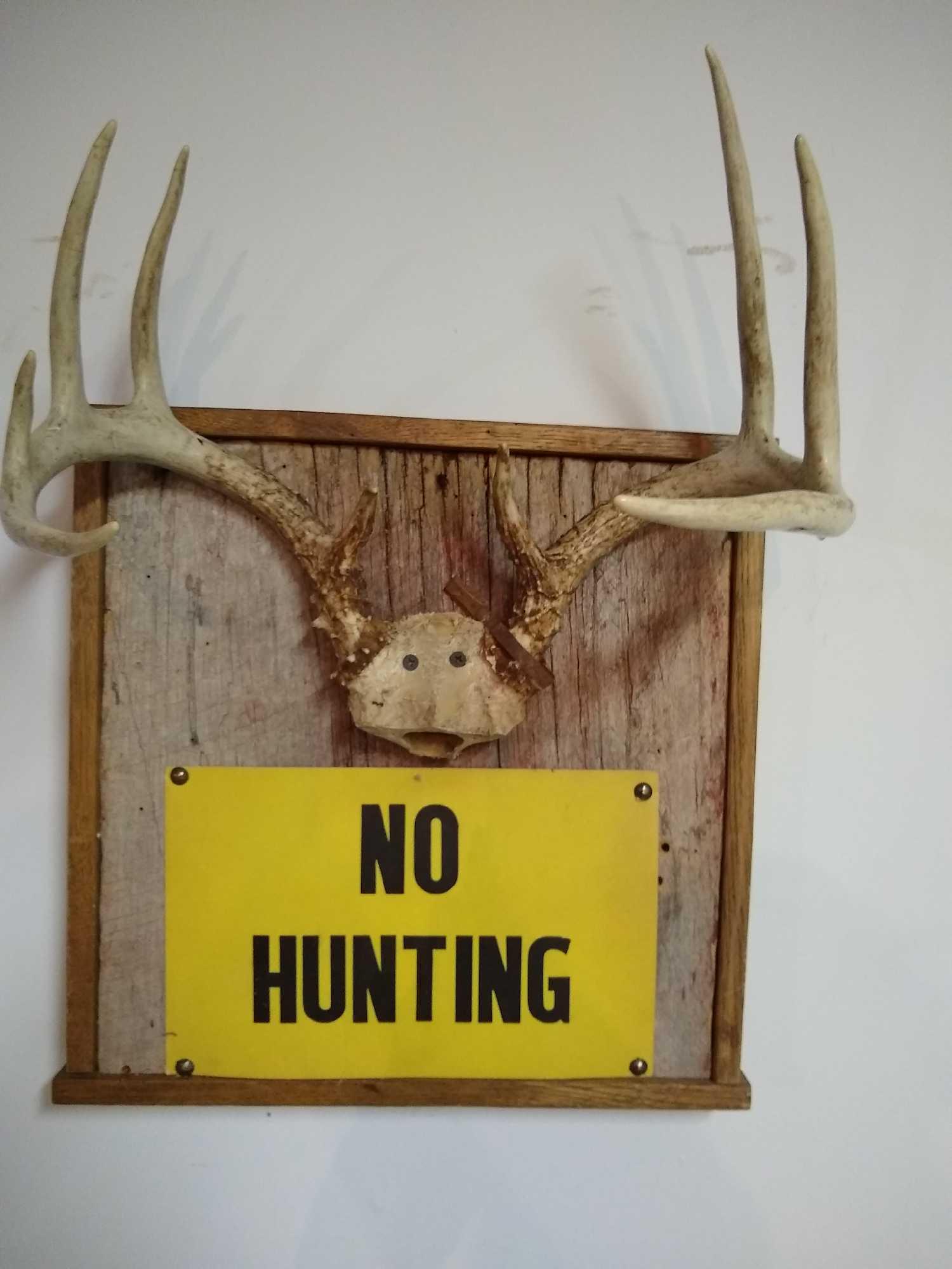 No Hunting Sign: No Hunting Sign on Ohio Barnwood. A nice 9 point Whitetail rack makes this a must have for your trophy room or mancave. Comes with coonskin hat.