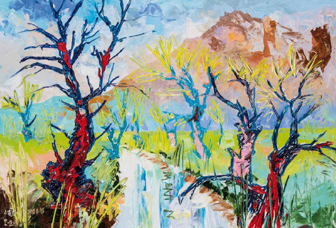 Melik Kazaryan: Melik Kazaryan 1955 Yerevan/Armenien Frühling - Landschaft mit baumbestandenem Bachlauf und Bergen. Öl auf Leinwand. Signiert unten links und datiert 2016. Verso bezeichnet in Kyrillisch und Lateini