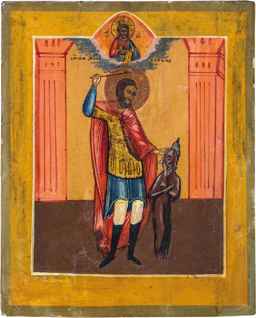 Heiliger Nikita: Heiliger Nikita Russland, 19. Jh. Verbund aus drei Nadelholztafeln mit zwei Stirnseiten-Sponki. Tempera auf Kreidegrund, verso kyrillische Inschrift (geritzt). Nikita ist in goldener Rüstung und rote