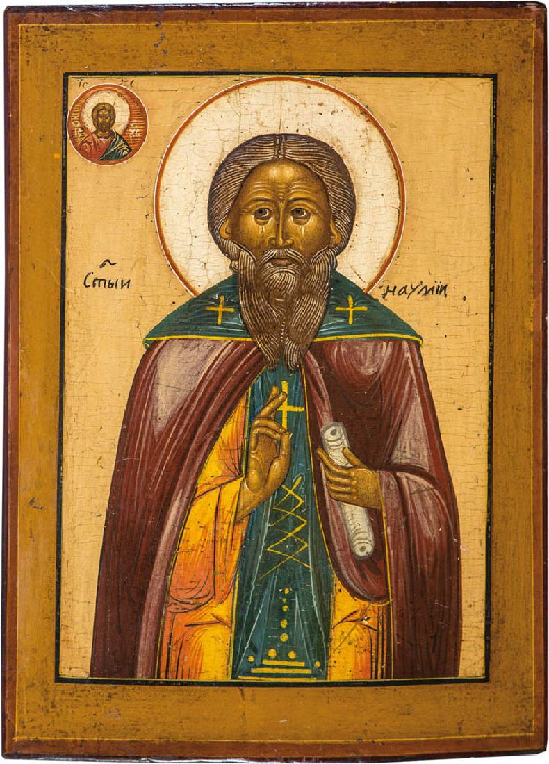Heiliger Prophet Nahum (Naum): Heiliger Prophet Nahum (Naum) Russland, 19. Jh. Laubholztafel mit zwei Rückseiten-Sponki. Tempera auf Kreidegrund, Nimbus freigelegt. Darstellung des Heiligen in Halbfigur. Christus erscheint am ober