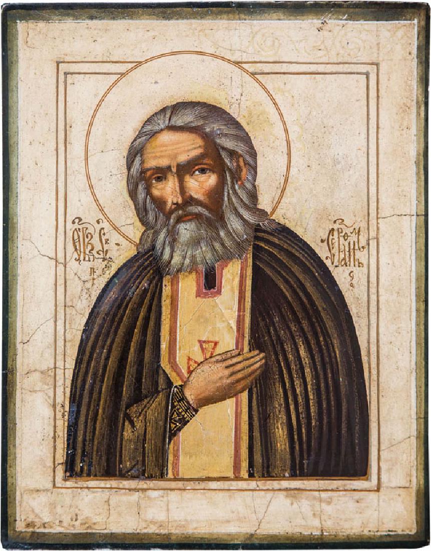 Heiliger Seraphim von Sarow: Heiliger Seraphim von Sarow Russland, Anfang 20. Jh. Verbund aus zwei Holztafeln. Tempera auf Kreidegrund, Hintergrund freigelegt. Halbfigurenportrait des Heiligen mit vor die Brust gelegter Hand. 22