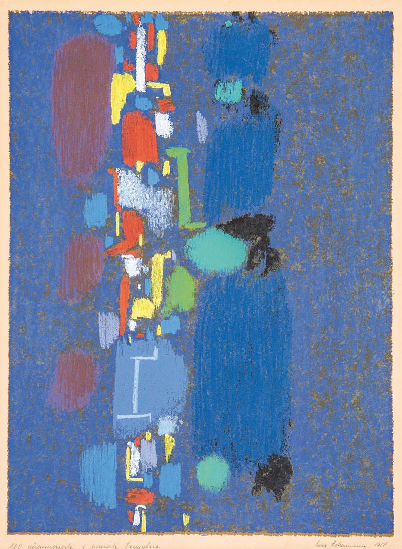 Max Ackermann: Max Ackermann 1887 Berlin - 1975 Bad Liebenzell Abstrakte Komposition. Farbserigraphie. Unten rechts signiert und datiert 1958, bez. ''100 nummerierte u. signierte Exemplare''. Minim. fleckig, geknick