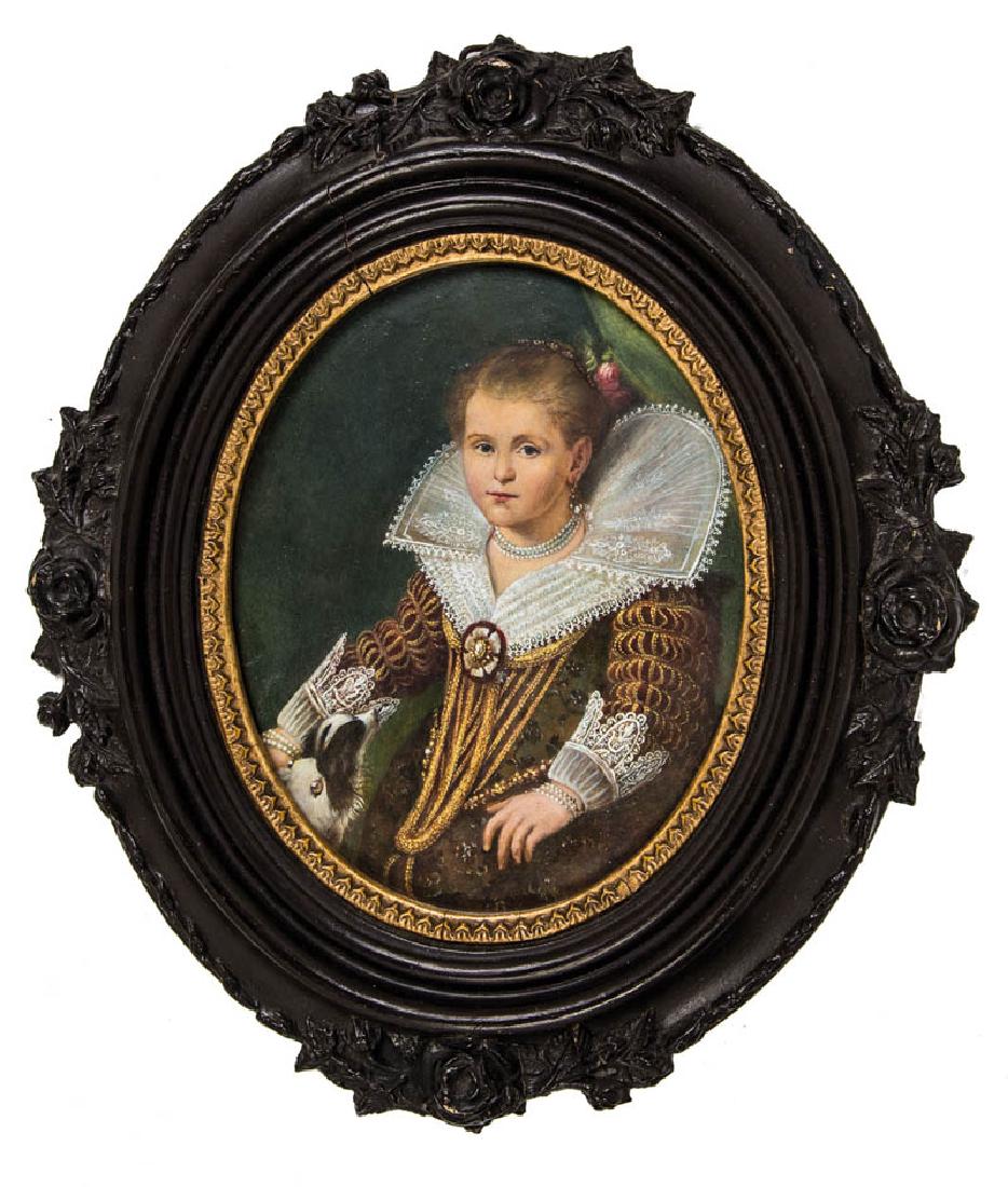 Kopist: Kopist 19. Jahrhundert Kleine Prinzessin nach Paulus Moreelse (1571 - 1638) - detailreiche Feinmalerei. Öl auf Kupfer. Ovaler Rahmen. 18 x 14,5 cm. Little princess after Paulus Moreelse (1571 - 1638)