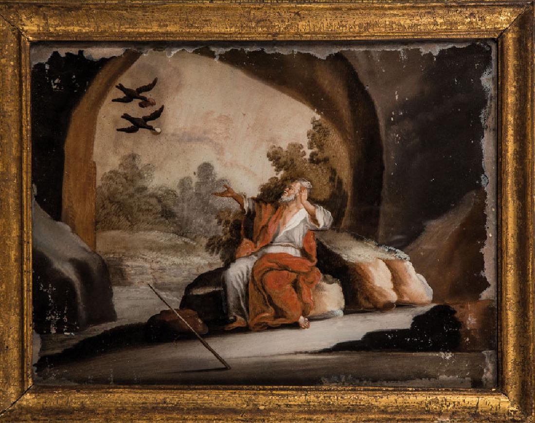 Hinterglasbild mit dem Hl. Elias: Hinterglasbild mit dem Hl. Elias Augsburg, 18. Jh. In polychromen Farben ausgeführte Darstellung des auf einem Felsen sitzenden Heiligen die rechte Hand ausbreitend um Brot von zwei anfliegenden Rabe