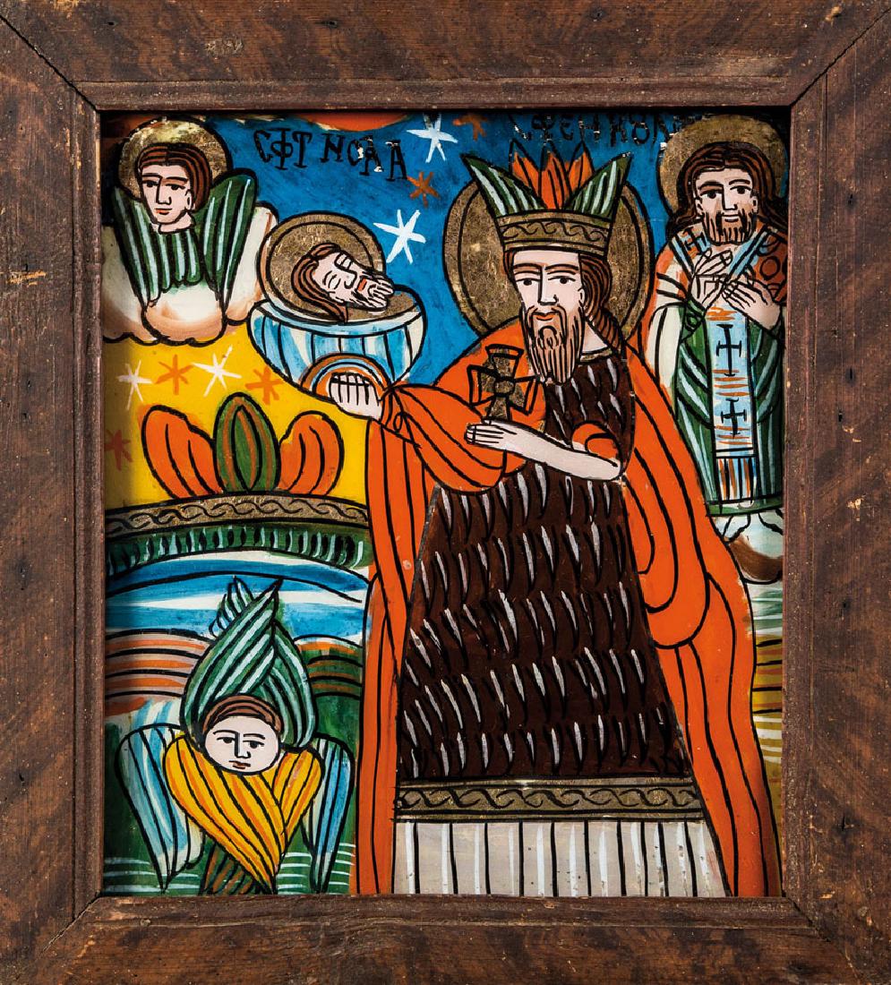 Seltene Hinterglasikone mit Johannes dem Täufer: Seltene Hinterglasikone mit Johannes dem Täufer Rumänien, Scheii Brasovului oder Alttal, 2. H. 19. Jh. In bunten, leuchtenden Farben und Goldfolie ausgeführte Darstellung des Täufers als Heiliger