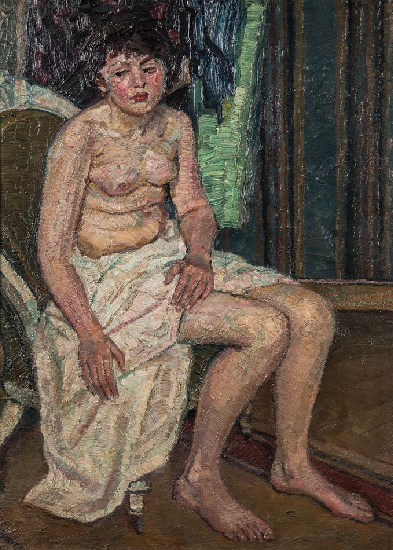 Umkreis Leo Putz: Umkreis Leo Putz 1869 - 1940 Weiblicher Halbakt auf Sessel sitzend. Öl auf Karton. Gerahmt. 61 cm x 45 cm. Circle of Leo Putz (1869 - 1940). Nude female, sitting. Oil on cardboard. Framed. 61 cm x 45