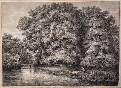 Johann Christian Reinhart: Johann Christian Reinhart 1761 Hof - 1847 Rom Die Mühle bei den großen Eichen. Radierung auf Papier, partiell geklebt und stockfleckig. Unten links in der Platte signiert und datiert ''1788''. Auf d