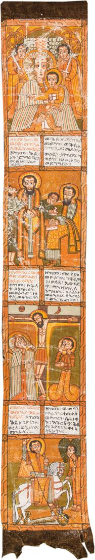 Große Schutzrolle: Große Schutzrolle Äthiopien, 20. Jh. Polychrome Malerei auf Kreidegrund auf Leder. Vier Bildfelder mit der Darstellung der Gottesmutter mit Christuskind, Christus vor Pilatus, der Kreuzigung Christi