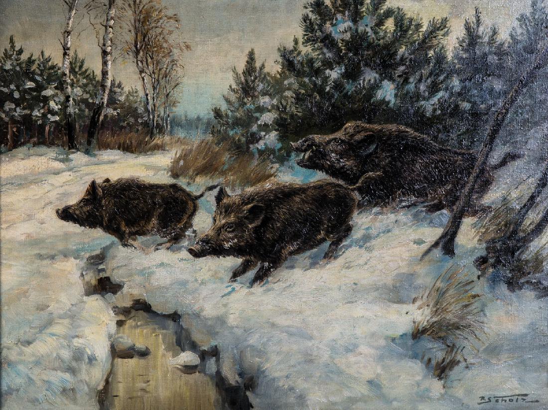 Richard Scholz: Richard Scholz 1860 Hannover - 1939 Hannover Drei Wildschweine in Winterlandschaft. Öl auf Leinwand. Unten rechts signiert. Gerahmt. 60 cm x 81 cm. English Description: Richard Scholz (1860 Hanno
