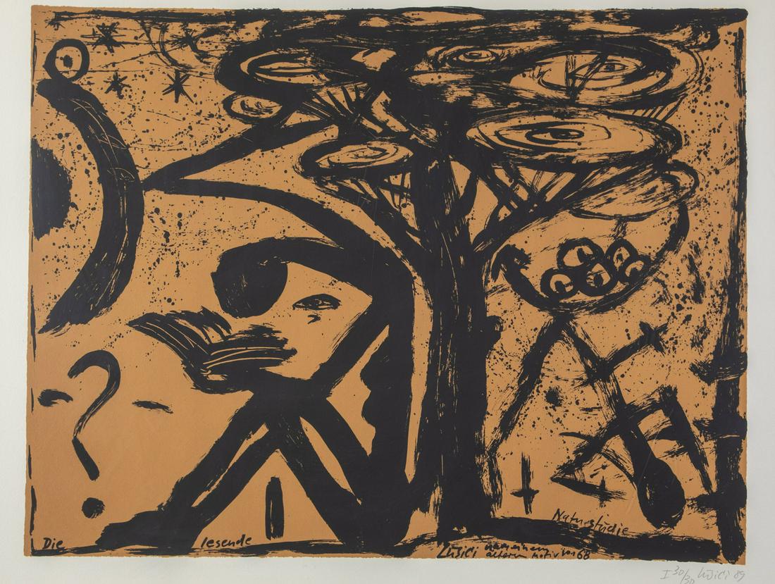 Dietrich Lusici: Dietrich Lusici 1942 Ragow ''Die lesende Naturstudie''. Lithographie auf Papier. Signiert in der Platte und handschriftlich unten rechts, datiert '89 , nummeriert ''I 30/30. Bezeichnet. 51,5 x 62,5 cm