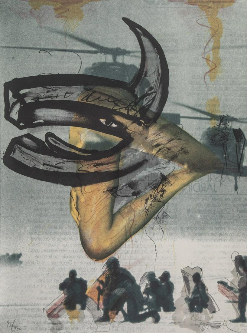 Wolf Vostell: Wolf Vostell 1932 Leverkusen - 1998 Berlin Hubschrauber und Soldaten. Offsetdruck auf Papier. Signiert unten rechts und nummeriert unten links 93/100. 68 x 50 cm. Gerahmt.