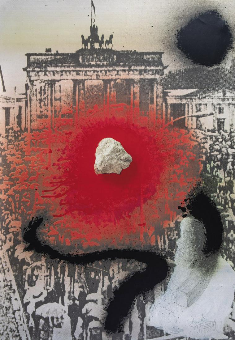 Wolf Vostell: Wolf Vostell 1932 Leverkusen - 1998 Berlin Brandenburger Tor/''Wer ohne SÃ¼nde ist, werfe den ersten Stein''. Offsetdruck auf Papier. Signiert unten rechts. 94,8 x 64,5 cm. Gerahmt.