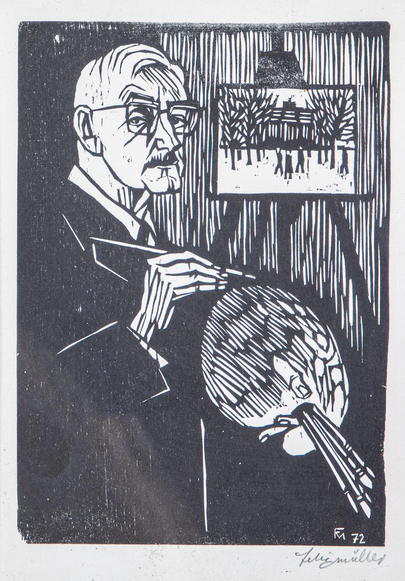 Conrad FelixmÃ¼ller: Conrad FelixmÃ¼ller 1897 Dresden - 1977 Zehlendorf Selbstbildnis mit Palette an der Staffelei. Holzschnitt auf Papier. Monogrammiert im Druckstock und datiert '72, sowie handschriftlich signiert unt