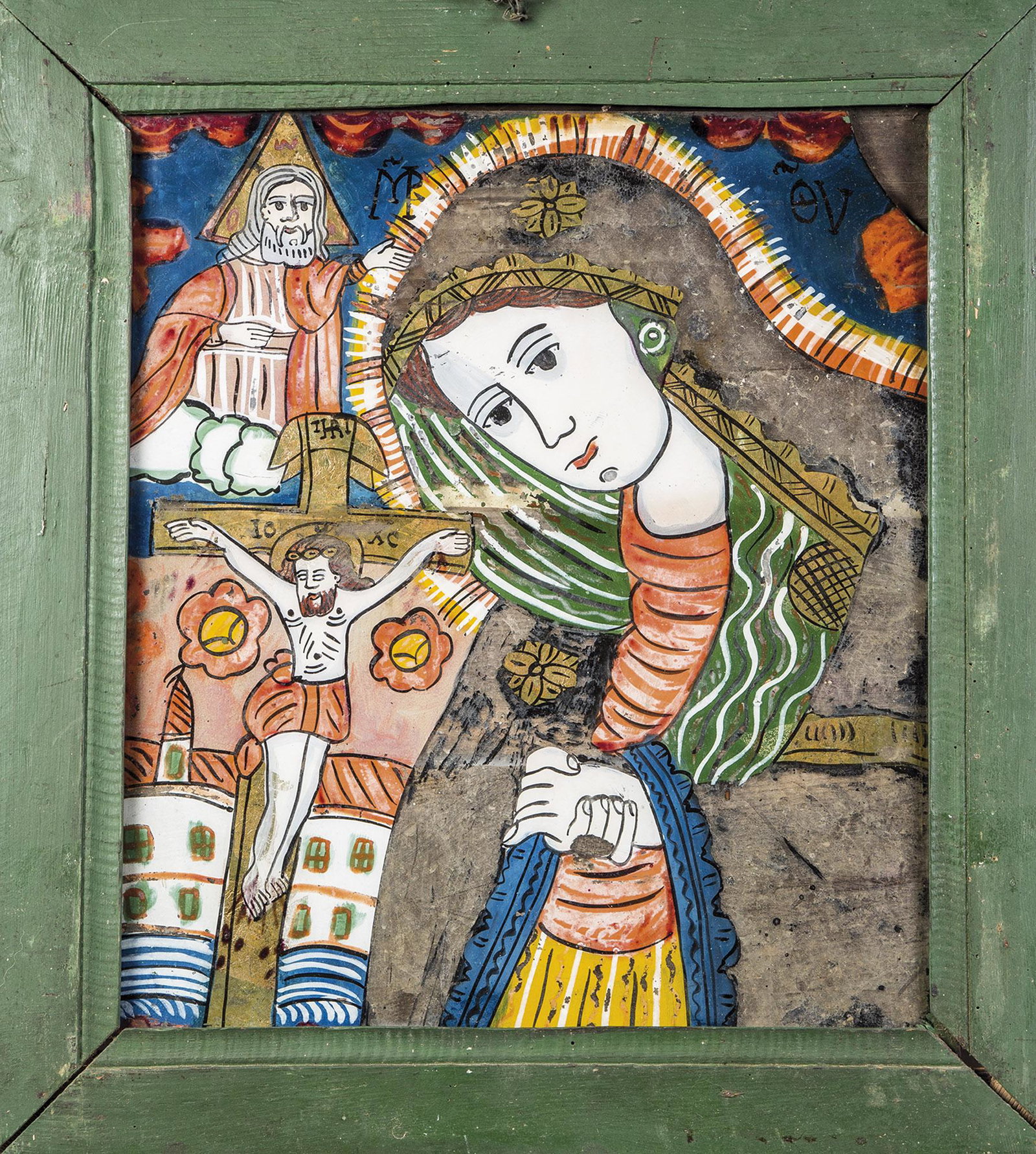 Hinterglasbild: Trauernde Gottesmutter: Hinterglasbild: Trauernde Gottesmutter RumÃ¤nien, Fogarasch, 19. Jh. In bunten Farben und Goldfolie ausgefÃ¼hrtes Hinterglasbild. Farbabrieb, Ecke oben rechts fehlt. Schlichter, grÃ¼n bemalter H