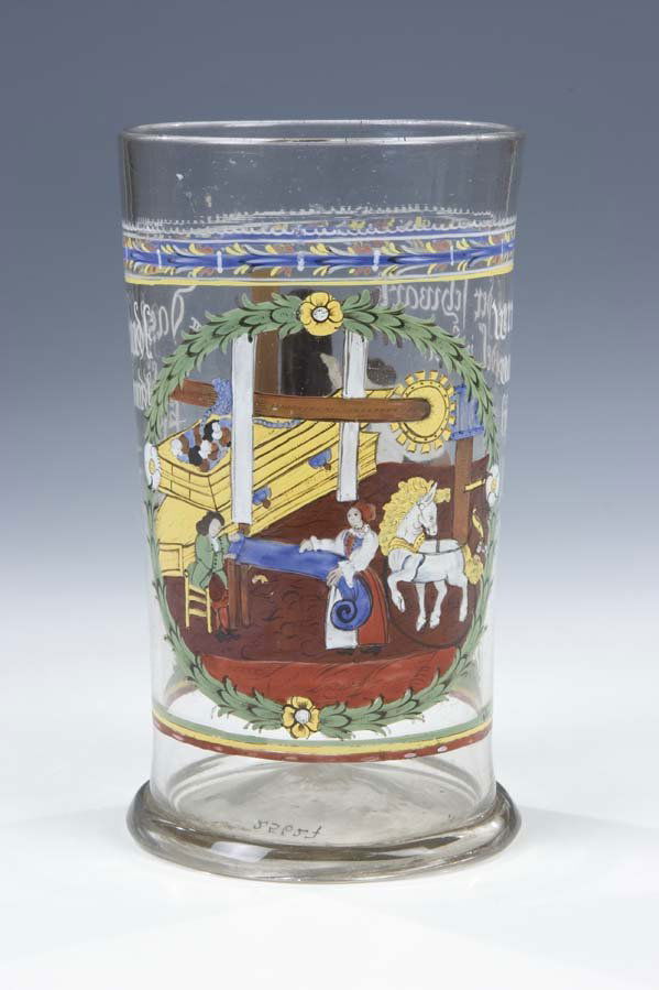 Humpen German Glass Beaker Antique Vintage Old: Mitteldeutsch, 1724 Farbloses Glas mit leicht hochgestochenem Boden und Abriß. Angesetzter Standring. Auf der zylindrischen Wandung in bunten Emailfarben gemalte, von ornamentalen Bordüren und einem