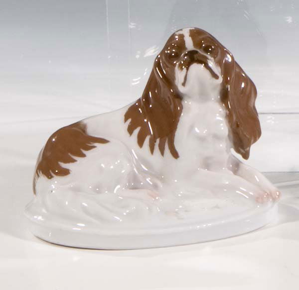 King-Charles-Hund Rosenthal Porcelain Dog vintage: Fritz Diller (Entwurf) 1913, Rosenthal (Ausführung) 1917 Auf ovalem Sockel ein Hund liegend. Naturalistische Unterglasurbemalung. Sockel bez.: F. Diller. Im Boden Modellnr. K287 sowie grüne Stempelm