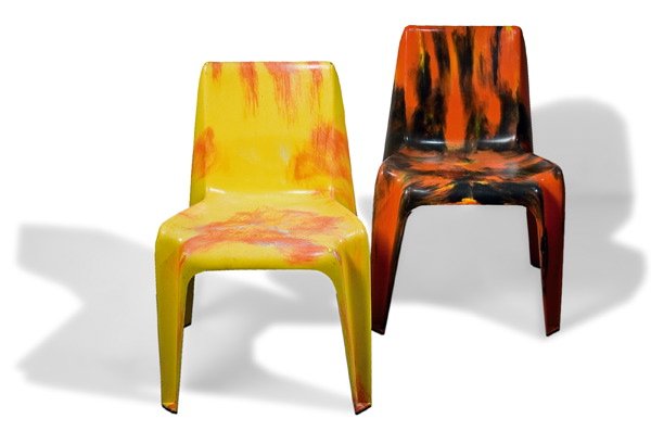Stapelstuehle Bofinger BA1171 Design Stack Chairs: Helmut Bätzner (Entwurf) 1964, Menzolit-Werke, Kraichtal-Menzingen (Ausführung) Rot-, gelb- und schwarz- bzw. gelb- und rotmarmoriertes, glasfaserverstärktes Polyesterharz. Auf der Unterseite bez.: