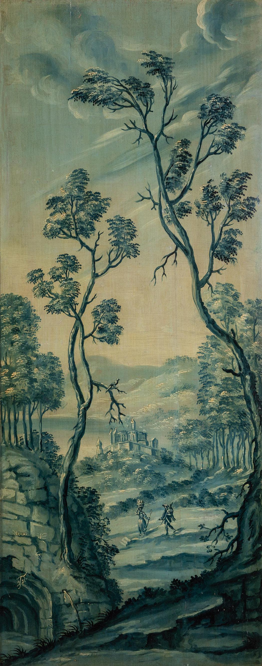 Landschafter: Landschafter Deutsch, wohl 18./19. Jahrhundert Arkadische Landschaftsszene mit Architektur- und Figurenstaffage in Grisaille-Malerei. Öl auf Weichholz, rest. 124 x 51 cm. Gerahmt.