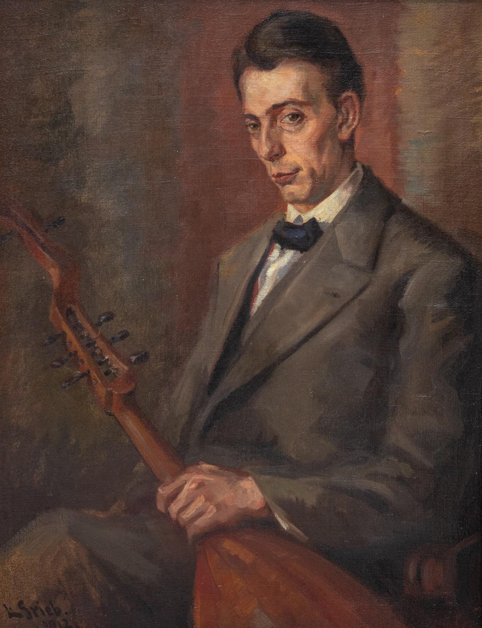 Ludwig Grieb: Ludwig Grieb 1884 München - 1945 Haar Porträt eines Mannes mit Laute. Öl auf Leinwand. Signiert unten links und datiert ''1912''. 90 x 69,5 cm. Rahmen besch.