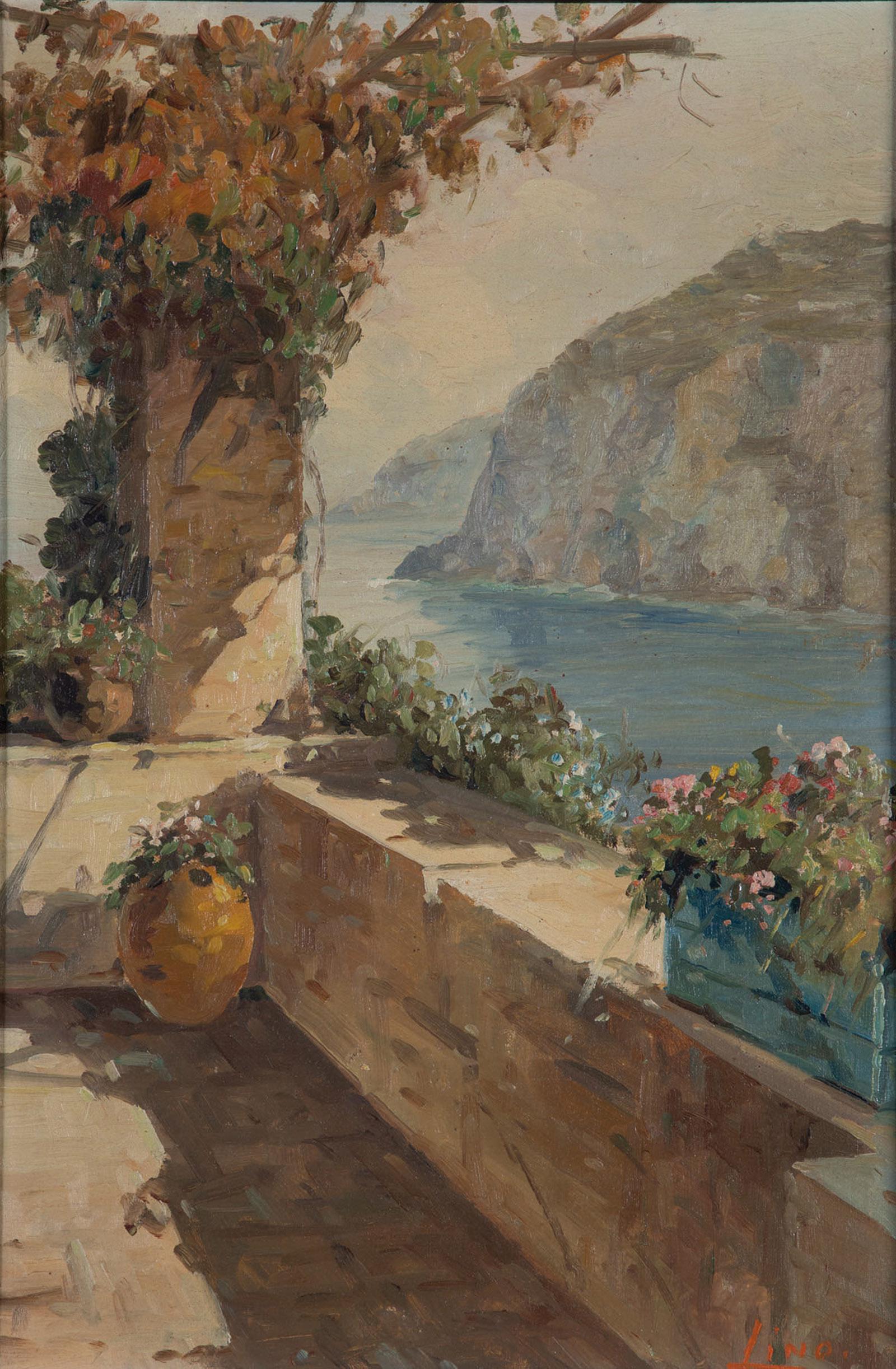 Acácio Lino (attrib.): Acácio Lino (attrib.) 1878 San Salvador de Travance - 1956 Porto Blick über eine Terrasse auf südliche Küstenlandschaft. Öl auf Holz. Bezeichnet unten rechts. Gerahmt. 48 x 30 cm.