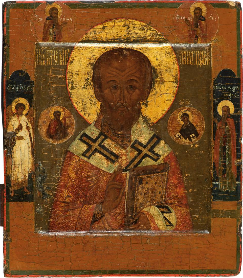 Heiliger Nikolaus von Myra: Heiliger Nikolaus von Myra Russland, spätes 17. Jh. Flache Holztafel mit zwei Rückseiten-Sponki. Kowtscheg, Tempera, Kreidegrund. Vier Randheilige: Schutzengel, Zosima, Sawatij und Martinian, Abt de