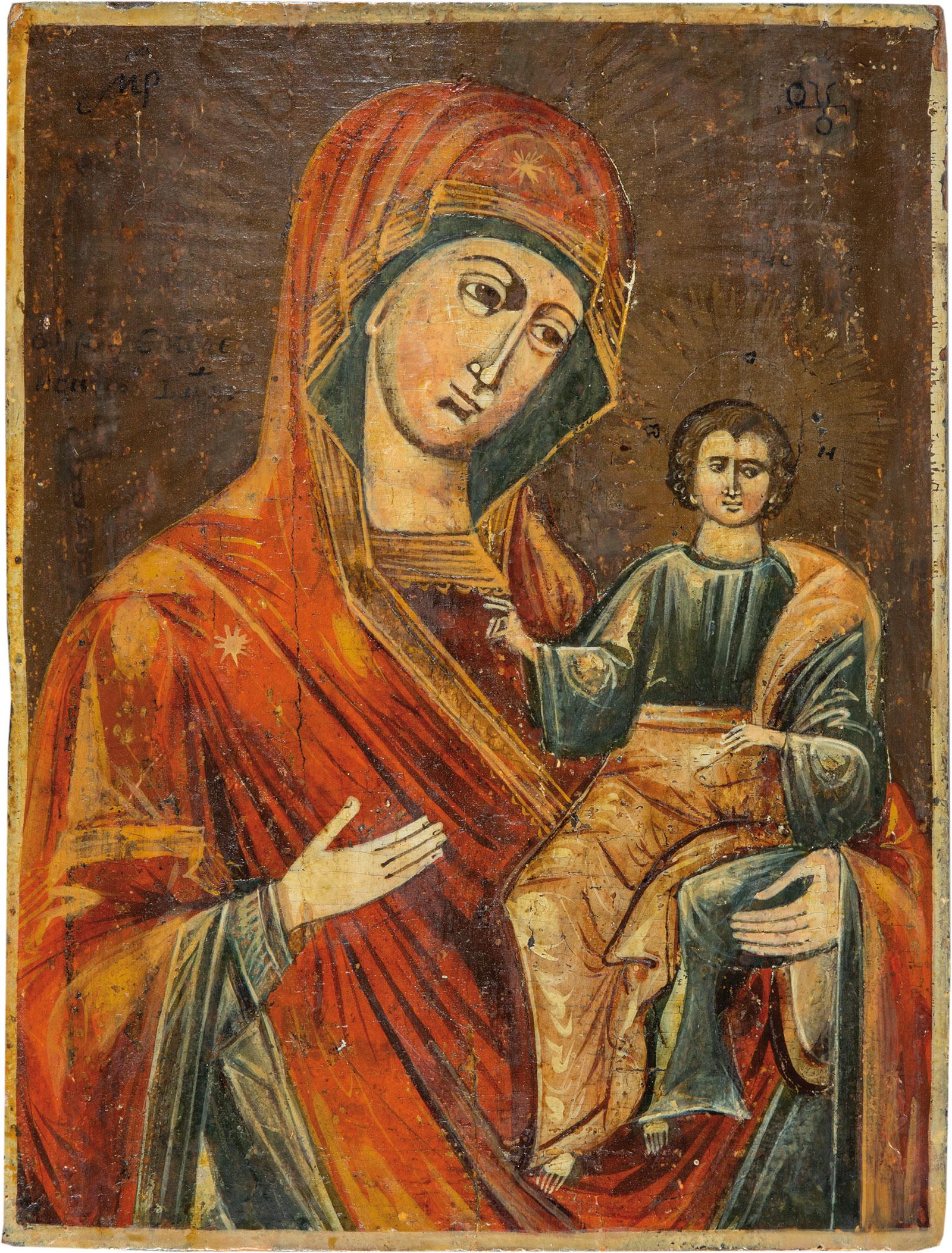 Gottesmutter ''Smolenskaja'': The Smolenskaya Mother of God. Russia, late 19th century. Tempera on gesso on wood panel. Losses. 29.5 x 22 cm.