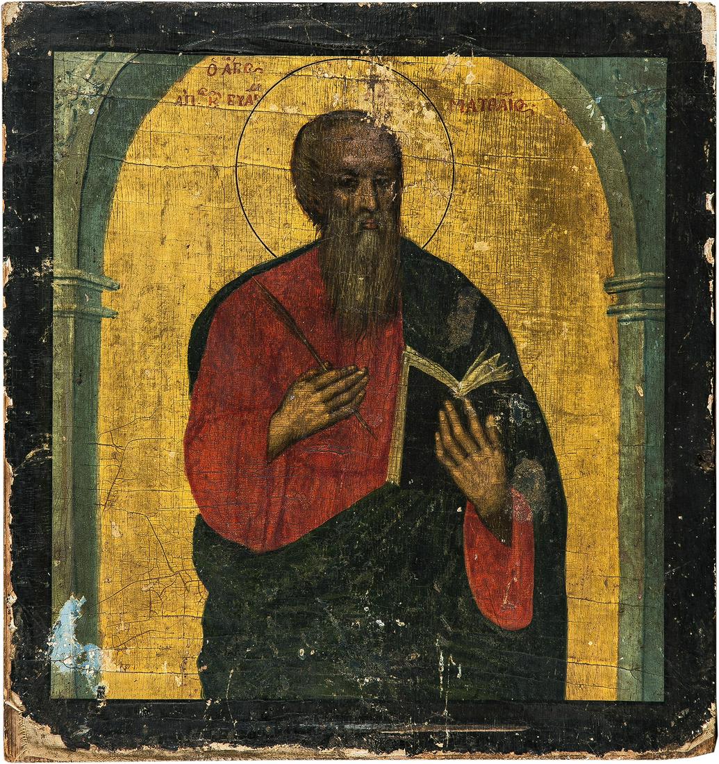 Apostel Matthäus: Apostle Matthew. Greece, 19th century. Tempera on gesso on canvas on wood panel. Losses. 33.5 x 32 cm.