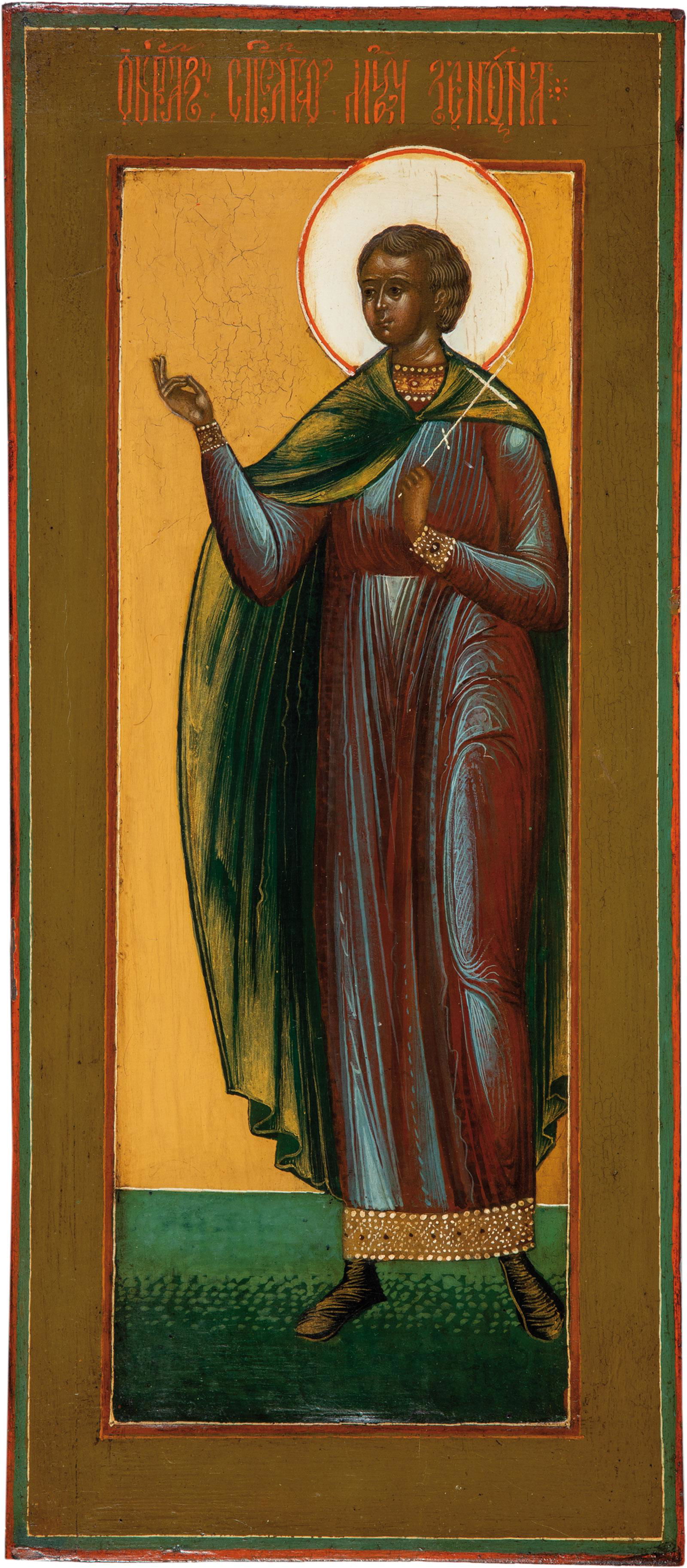 Heiliger Zenon: St. Zenon. Russia, 19th century. Tempera on gesso on wood panel with flat kovcheg. Retouches. 39.5 x 18 cm.