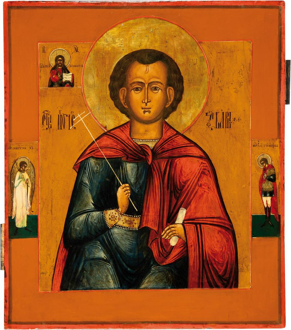 Heiliger Panteleimon: St. Panteleimon. Russia, 19th century. Tempera on gesso on wood panel. Guardian Angel and St. Timofei at the border. 36 x 30.5 cm.