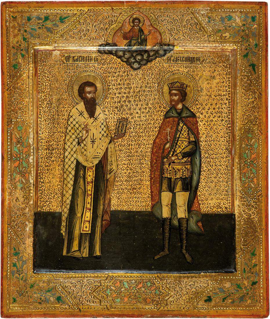 Heiliger Blasius und Alexander Newski: Sts. Blaise and Alexander Nevsky. Russia, 2nd half of the 19th century. Tempera on gesso on wood panel with kovcheg, chased background and border. Small retouches. 31 x 26 cm.