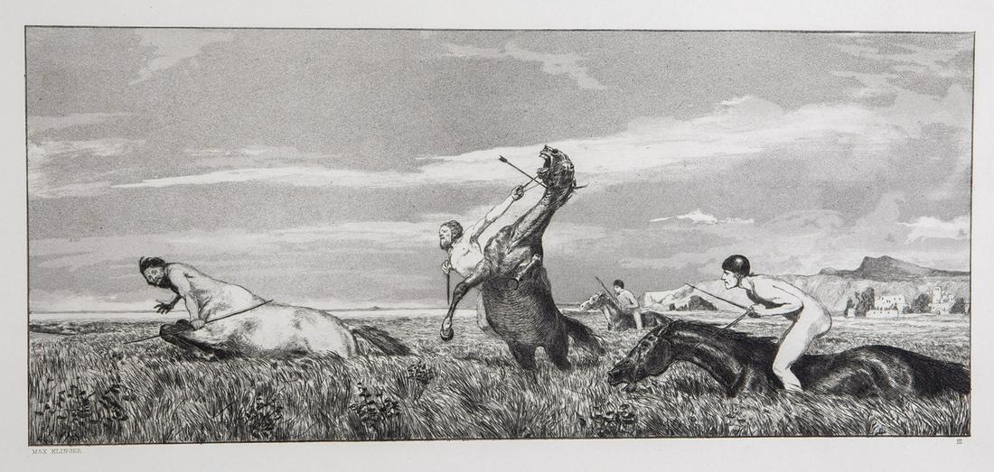 Max Klinger: Max Klinger 1857 Leipzig - 1920 Großjena Mappe ''Intermezzi''. Rad. Op.IV. 12 Compositionen. Nürnberg 1881. 11 Aquatintaradierungen von 12 (ohne Blatt 1). U. a. 23 x 40 cm (Plattengröße). Wasser-