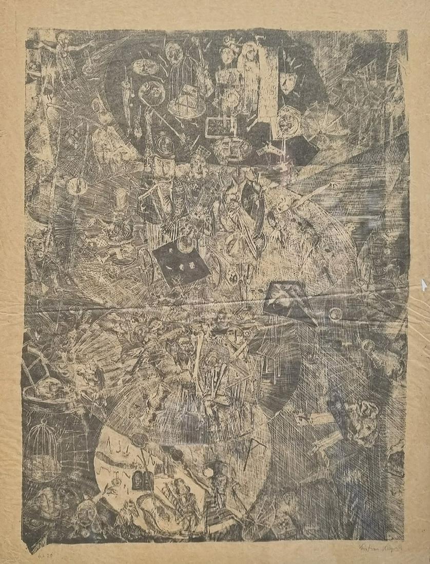 Ohne Titel: Ohne Titel Kristian Klepsch (geb. 1943) Holzschnitt. Rechts unten signiert: Kristian Klepsch. Links unten nummeriert: 6/20. In der Platte monogrammiert: K.K.. Am rechten Blattrand eingerissen. Blattgr