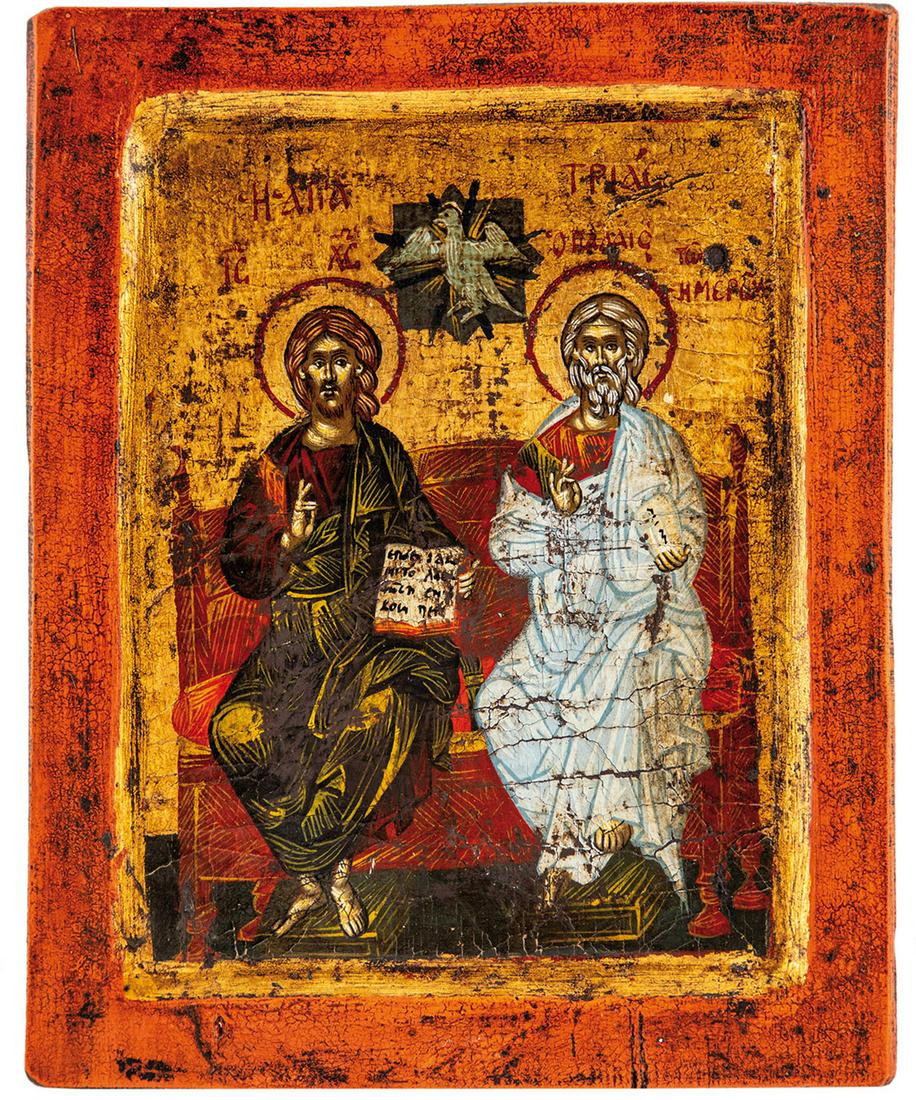 Kleine Ikone mit der neutestamentlichen Dreifaltigkeit: Kleine Ikone mit der neutestamentlichen Dreifaltigkeit Neuzeitlich Kowtscheg, Tempera auf Kreidegrund auf Holz. Wahrscheinlich eingesetzt. 19 x 15 cm