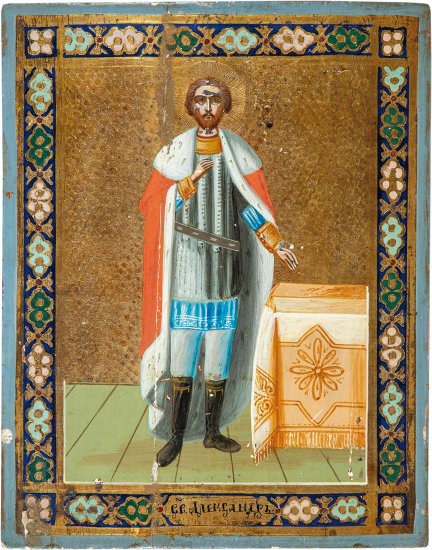 Ikone Heiliger Alexander Newski: Ikone Heiliger Alexander Newski Russland, um 1900 Tempera auf Kreidegrund auf Holz. Punzierter, vergoldeter Hintergrund. Vertikaler Riss. Farbverluste. 22 x 17 cm