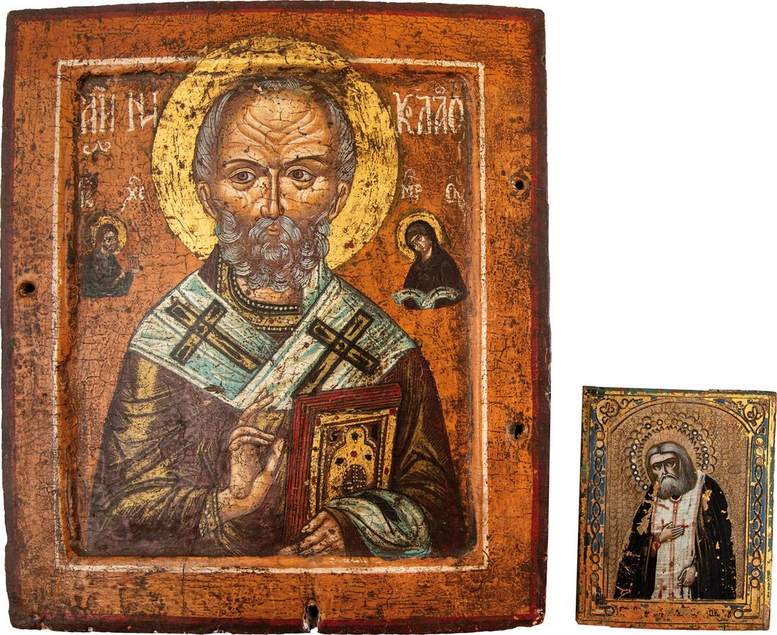 Heiliger Nikolaus von Myra und Serafim von Sarow: Heiliger Nikolaus von Myra und Serafim von Sarow Russland, 19. Jh. und nach 1903 Einzeltafel, Kowtscheg, Tempera auf Kreidegrund. Feine, halbfigurige Darstellung des Heiligen mit Segengestus und gesch