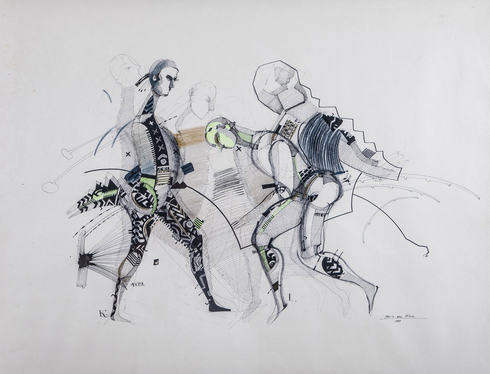 Julia Kissian: Julia Kissian 1966 Kiew Figuren in Bewegung. Mischtechnik auf Papier. Signiert unten rechts und datiert ''1989''. 59 x 78 cm. Gerahmt.
